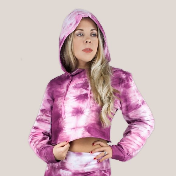 Dusty Rose Tie Dye Hoodie Crop Top | Pink Hand-Dyed Long Sleeve Shirt with Hood - Picture 1 of 3
